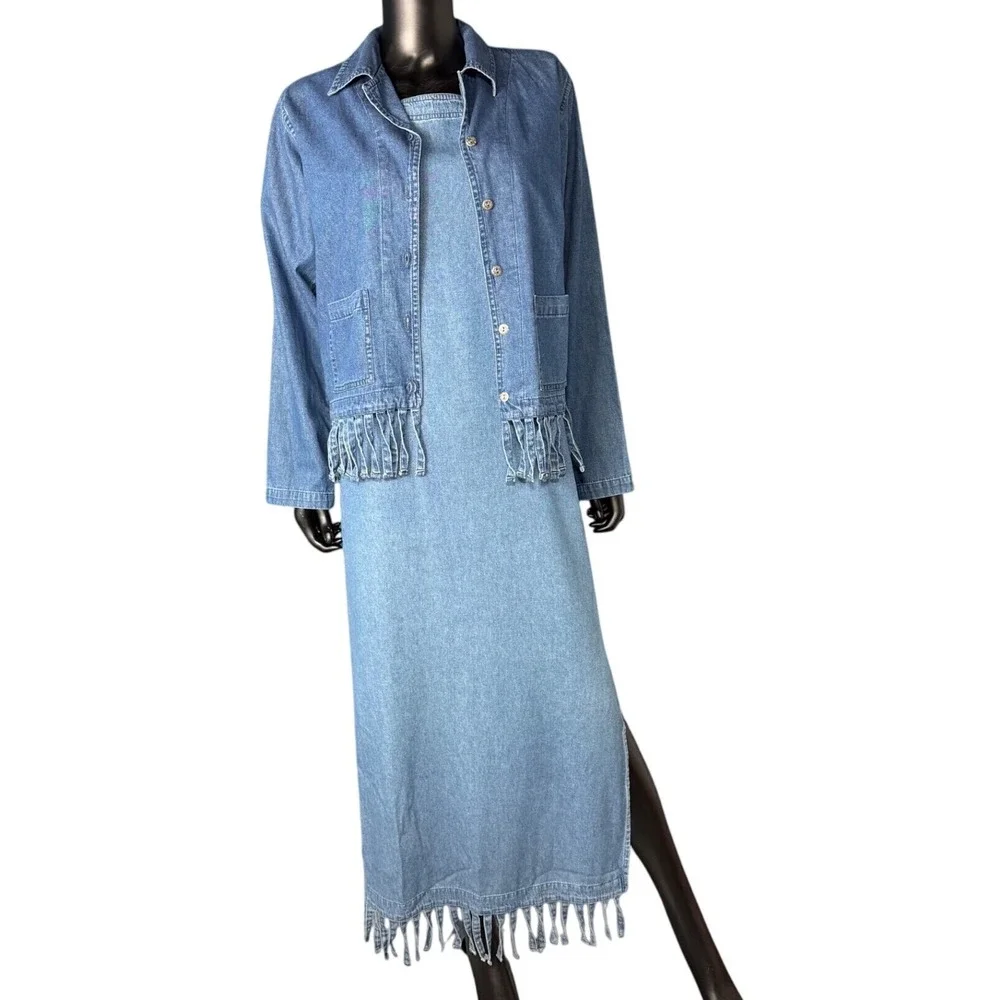 Dont Mess With Texas Denim Fringe Maxi Dress and Jacket Set Blue Medium Vintage